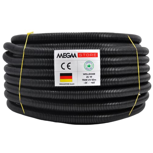 Megastore Flexibles Leerrohr Wellrohr 750N Schwarz| Klassifizierung M16 M20 M25 M32 M40 M50 Kabelschutz Schutz Rohr ungeschlitzt Außenbereich (Ø 25 mm innen/Ø 32 mm außen / 25m) von Geakv