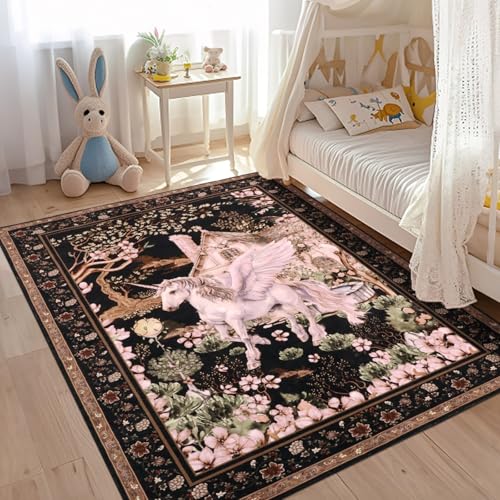 Geanup Einhorn Teppich Wohnzimmer 120 x 180 cm, Schwarzer Fantasy Waschbare Teppiche für Kinderzimmer rutschfest, Weich Kurzflor Blumenmuster Teppich Schlafzimmer für Kinder Esszimmer Studie Büro von Geanup