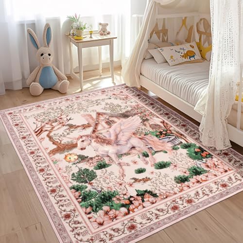 Geanup Einhorn Teppich Wohnzimmer 120 x 180 cm, Rosa Fantasy Teppich Kinderzimmer Mädchen rutschfest, Kurzflor Waschbarer Blumenmuster kinderteppich für Kinder Schlafzimmer Esszimmer Studie von Geanup