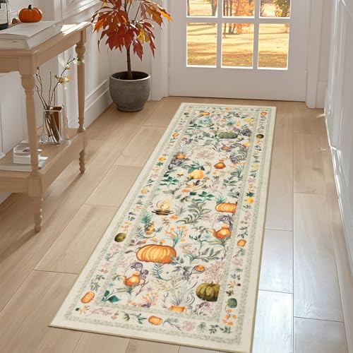 Geanup Herbst Teppich Läufer Flur 60x180 cm, Beige Waschbar Küchenteppich rutschfest, Weich Faux Wool Schlafzimmer Teppich, Boho Indoor Lang Korridor Carpet für Eingang Fußmatte Wohnzimmer von Geanup