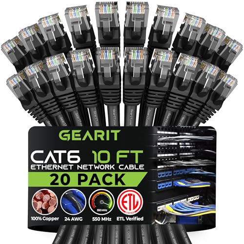 GearIT Cat-6-Ethernet-Kabel, 15,2 cm, Knickschutz, Kabel für Computer-LAN-Netzwerk, Schwarz Schwarz 10 Feet (20-Pack) von GearIT