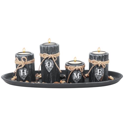 Hölzerne Kerzenhalter Set, enthält 4 hölzerne Teelicht-Kerzenhalter, natürliche Steine und hölzerne Tablett für Tische Centerpiece Home Dekorationen (Home) von Gearific