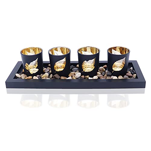 Kerzenhalter-Set, bestehend aus 4 Glasbechern, Natursteinen und Holztablett für Tischdekorationen (Blätter) von Gearific