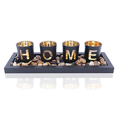 Kerzenhalter-Set, bestehend aus 4 Glasbechern, Natursteinen und Holztablett für Tischdekorationen (Home) von Gearific