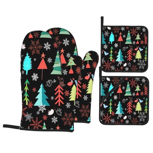 Gearsly Ofenhandschuhe und Topflappen, 4er-Set, Weihnachtsbaum, Schneeflocke, Vogel, Ofenhandschuhe, hitzebeständige Pads, rutschfest, wasserdicht, für Küche, Backen, Kochen, Grillen von Gearsly