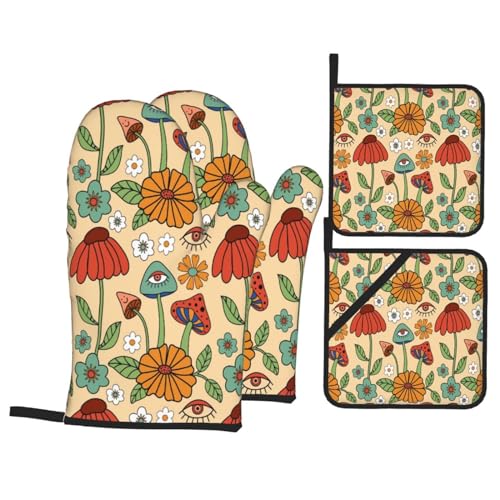 Gearsly Ofenhandschuhe und Topflappen, 4er-Set, niedliche Pilze, Blumenmuster, Retro-Boho-Ofenhandschuhe, hitzebeständige Pads, rutschfest, wasserdicht, für Küche, Backen, Kochen, Grillen von Gearsly