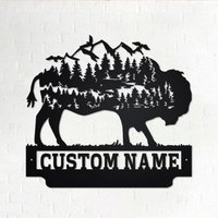 Benutzerdefinierte Wald Berg Bison Metall Wandkunst, Personalisierte Name Zeichen Dekoration Für Zimmer, Wohnkultur, Bison, Tier von GearwagMetalArt