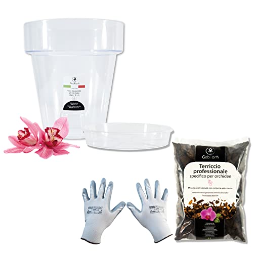 GebEarth - Orchideen-Umtopf-Set: transparenter Orchideentopf, 4 Drainagelöcher und Untersetzer + Orchideenspezifische Blumenerde 1L, Gartenhandschuhe (14cm) von GebEarth