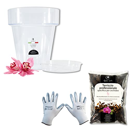 GebEarth - Orchideen-Umtopf-Set: transparenter Orchideentopf, 4 Drainagelöcher und Untersetzer + Orchideenspezifische Blumenerde 1L, Gartenhandschuhe (16cm) von GebEarth