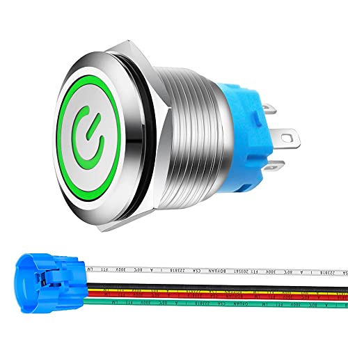 Gebildet 0,87''/22mm Edelstahl Druckknopfschalter 12V-24V 5A Betriebssymbol LED 1NO1NC SPDT An Aus Wasserdichter Kippschalter mit Kabelbuchse Stecker (Grün LED) von Gebildet