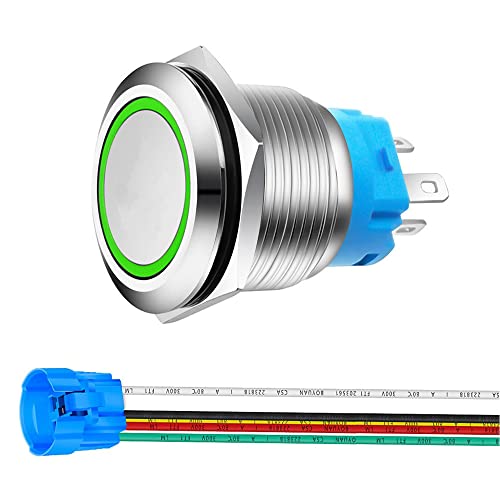 Gebildet 0,87 Zoll/22mm Momentaner Druckknopf Edelstahl Taster 12V-24V 5A LED 1NO1NC SPDT An/Aus Wasserdicht mit Kabelbuchse Stecker (Grün LED) von Gebildet