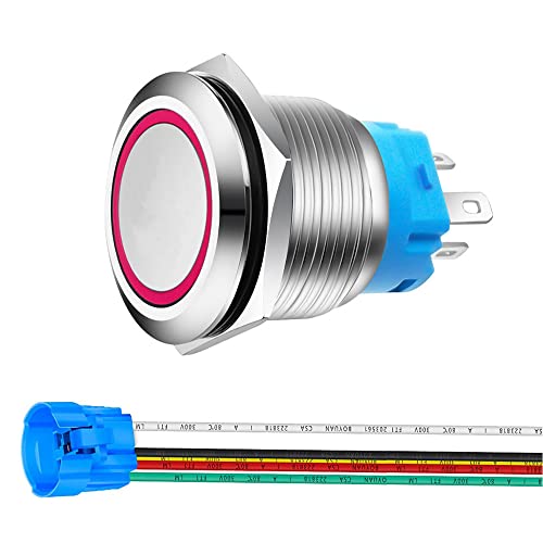 Gebildet 0.87 Zoll/22mm Momentaner Druckknopf Edelstahl Taster 12V-24V 5A LED 1NO1NC SPDT An/Aus Wasserdicht mit Kabelbuchse Stecker (Rote LED) von Gebildet