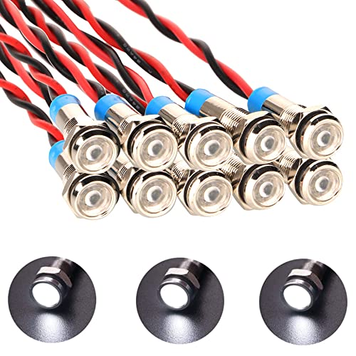 Gebildet 10 Stück 6mm 1/4" 12-24V/DC LED Metall Kontrollleuchte Wasserdichte Signallampe Pilot Dash Directional mit Draht(Weiß) von Gebildet