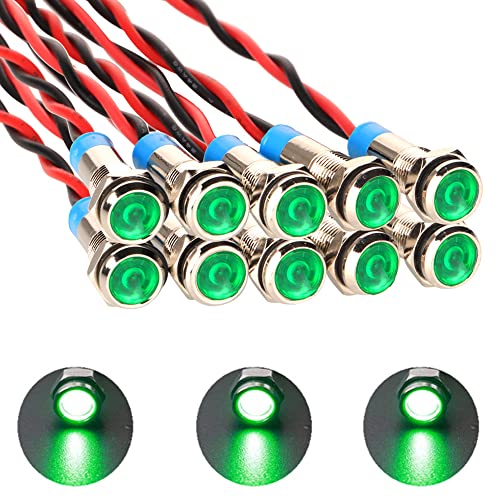 Gebildet 10Stück 6mm 1/4" AC/DC 12-24V LED Metall Kontrollleuchte Wasserdichte Signallampe Pilot Dash Directional mit Kabel(Grün) von Gebildet