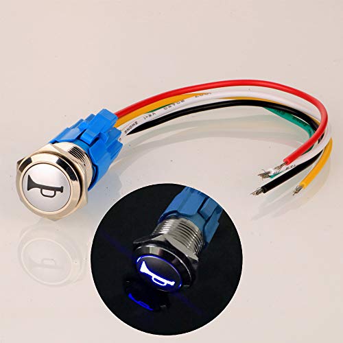 Gebildet 12V-24V/5A 16mm Vorverkabelt Momentan Hupenknopf Blau LED Beleuchtung Wasserdicht Metall Lautsprecher Horn Schalter von Gebildet