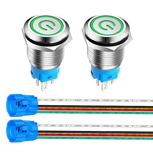 Gebildet 2Stück 16mm Edelstahl Latching Drucktastenschalter 12V-24V 5A Power Symbol LED 1NO1NC SPDT ON Off Wasserdichter Kippschalter mit Steckdose Stecker (Grün LED) von Gebildet