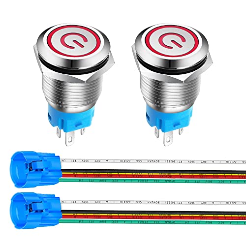 Gebildet 2Stück 16mm Edelstahl Latching Drucktastenschalter 12V-24V 5A Power Symbol LED 1NO1NC SPDT ON Off Wasserdichter Kippschalter mit Steckdose Stecker (Rot LED) von Gebildet