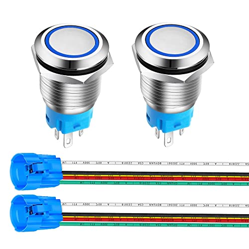 Gebildet 2 Stücke 16mm Edelstahl Kurzzeitiger Drucktasten 12V-24V 5A LED 1NO1NC SPDT ON Off Wasserdichter mit Steckdose Stecker (Blau LED) von Gebildet