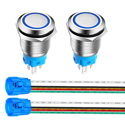Gebildet 2Stücke 16mm Edelstahl Kurzzeitiger Drucktasten 12V-24V 5A LED 1NO1NC SPDT ON Off Wasserdichter mit Steckdose Stecker (Blau LED) von Gebildet