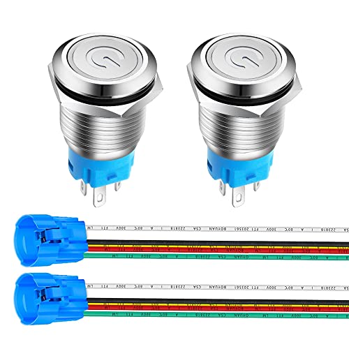 Gebildet 2Stücke 16mm Edelstahl Latching Drucktastenschalter 12V-24V 5A Power Symbol LED 1NO1NC SPDT ON Off Wasserdichter Kippschalter mit Steckdose Stecker (Weiß LED) von Gebildet