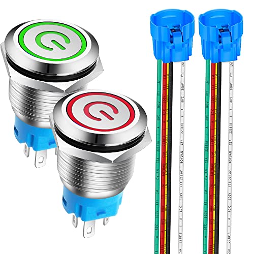 Gebildet 2Stücke 19mm Edelstahl Latching Drucktastenschalter 12V-24V 5A Power Symbol LED 1NO1NC SPDT ON Off Wasserdichter Nicht-Momentan Kippschalter mit Steckdose Stecker (Rot + Grün LED) von Gebildet