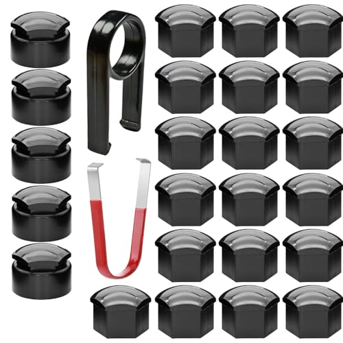 Gebildet 24 Stück Radmutternkappen 17mm(5 spc Diebstahlsicherungsschraubenkappen+19 Stück normale Schraubenkappen),sechseckige Reifenmutternabdeckungen mit Entfernungswerkzeug-Set für Autos(schwarz) von Gebildet
