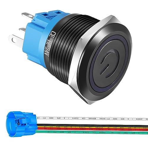 Gebildet 22mm 12V–24V/5A Edelstahl-Drucktastenschalter, Stromsymbol, LED, 1NO 1NC, SPDT, EIN/Aus, Wasserdichter Kippschalter mit Kabelsteckdose (Blaue LED/schwarzes Gehäuse) von Gebildet
