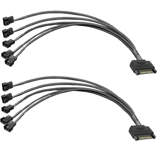Gebildet 2Stück SATA auf 5-Wege 3polig/4polig PMW 12V PC-Gehäuselüfter-Netzadapterkabel, 3polig oder 4polig (PWM-Anschluss) auf 15poliges SATA Computerkühler Lüfterstromkabel von Gebildet