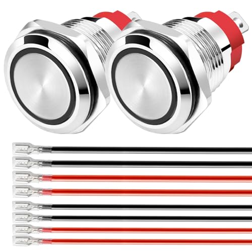 Gebildet 2Stück wasserdichter Momentandrucktaster mit Blauer LED 12-24 VDC/15A 16mm Edelstahl-Druckknopfschalter wasserdicht mit Anschlusskabel von Gebildet