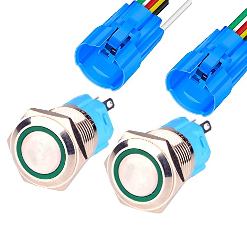 Gebildet 2Stücke 16mm Edelstahl Kurzzeitiger Drucktasten 12V-24V 5A LED 1NO1NC SPDT ON Off Wasserdichter mit Steckdose Stecker (Grün LED) von Gebildet