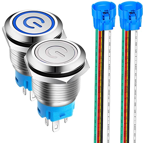 Gebildet 2Stücke 19mm Edelstahl Latching Drucktastenschalter 12V-24V 5A Power Symbol LED 1NO1NC SPDT ON Off Wasserdichter Nicht-Momentan Kippschalter mit Steckdose Stecker (Blau + Weiß LED) von Gebildet