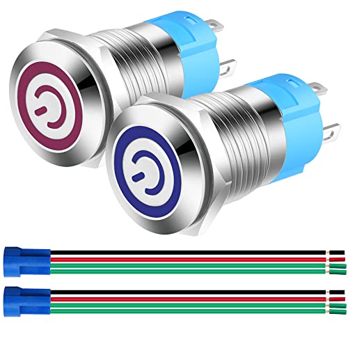 Gebildet 2pcs 12mm Edelstahl Selbstsperrender Latching Drucktastenschalter 12V-24V 3A Power Symbol LED Normalerweise Offen SPST ON Off Wasserdichter Kippschalter mit Steckdose Stecker (Blau+Rot) von Gebildet