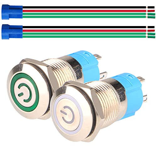 Gebildet 2pcs 12mm Edelstahl Selbstsperrender Latching Drucktastenschalter 12V-24V 3A Power Symbol LED Normalerweise Offen SPST ON Off Wasserdichter Kippschalter mit Steckdose Stecker (Weiß+Grün) von Gebildet