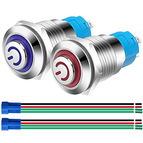 Gebildet 2pcs 12mm Edelstahl Selbstsperrender Latching Drucktastenschalter 230V 3A Power Symbol LED Normalerweise Offen SPST ON Off Wasserdichter mit Steckdose Stecker (Blau+Rot,Hoher Kopf) von Gebildet