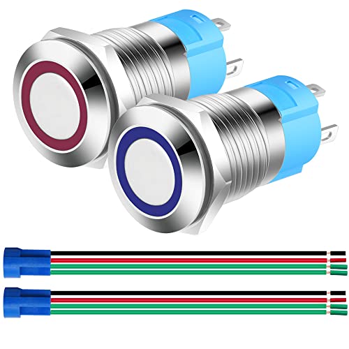 Gebildet 2pcs 12mm Momentan Drucktasten,Edelstahl Kurzzeitiger 12V-24V 3A LED Normalerweise Offen SPST ON Off Wasserdichter Taste mit Steckdose Stecker (Blau+Rot) von Gebildet