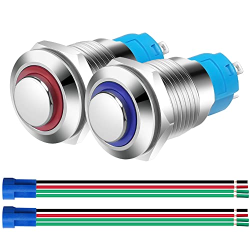 Gebildet 2pcs 12mm Momentan Drucktasten,Edelstahl Kurzzeitiger 230V AC 3A LED Normalerweise Offen SPST ON Off Wasserdichter Taste mit Steckdose Stecker (Blau+Rot,Hoher Kopf) von Gebildet