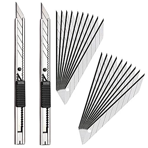 Gebildet 2pcs Edelstahl Cuttermesser mit 20pcs 9mm Abbrechklingen / 30 Grad Folienmesser/Profi Teppichmesser/Grafikmesser/optimal für Folien,Tapete, Bastelarbeiten, Kartons von Gebildet