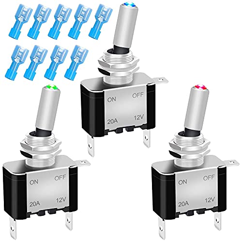 Gebildet 3pcs 20A 12V-24VDC Kippschalter LED Licht Schalter(Rot,Grün,Blau), EIN/AUS Wippschalter,SPST 3-pin Rocker Toggle Switch,zum Auto KFZ LKW Boot+9pcs Terminal von Gebildet