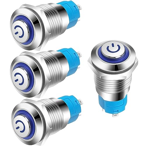 Gebildet 4Stück 12mm 3A 12–24V IP65 Wasserdichter Druckknopf mit LED-Anzeigeleuchte, Einrastender Metalldruckknopf (hoher Kopf) von Gebildet