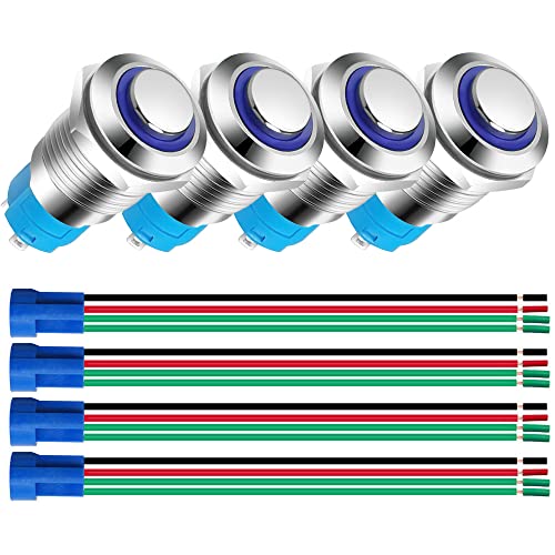 Gebildet 4Stück 12mm Edelstahl Taster 3V-4.5V-5V-6V-7.5V-9V/5A LED 1NO SPST An/Aus Wasserdicht mit Kabelbuchse Stecker (Blaue LED) von Gebildet