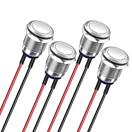 Gebildet 4Stück Vorverdrahtet 12mm 3A 12V/24V/110V/250VAC Wasserdichter Drucktastenschalter Rastender Edelstahl-Drucktastenschalter Ein-Aus (Flachkopf) von Gebildet