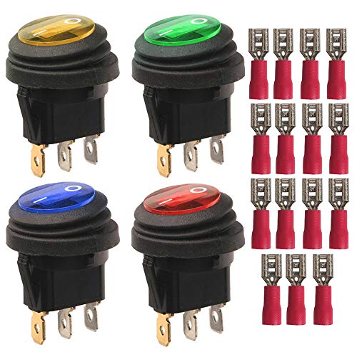 Gebildet 4pcs 230V 6A/125V AC 10A SPST 3 Pins 2 Position EIN/Aus Rot/Blau/Gelb/Grün LED-Licht Beleuchtet Wasserdichter Kippschalter Kippschalter (15pcs Kabelstecker) von Gebildet