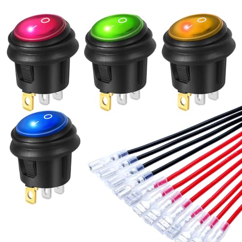 Gebildet 4pcs 230V 6A/125V AC 10A SPST 3 Pins 2 Position EIN/Aus Rot/Blau/Gelb/Grün LED-Licht Beleuchtet Wasserdichter Kippschalter Kippschalter (12pcs Anschlusskabel) von Gebildet