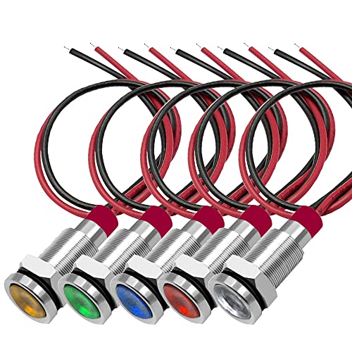Gebildet 5 Stück 10 mm 3 V-4,5 V-5 V-6 V-7,5 V-9 VDC Metall Signallampe, Energiesparende LED Anzeigeleuchte, wasserdichte Anzeige mit Kabel (Rot/Orange/Blau/Grün/Weiß) von Gebildet