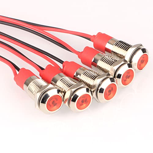 Gebildet 5 Stück 8mm 3V-4.5V-5V-6V-7.5V-9V LED Metall Kontrollleuchte Wasserdichte Signallampe Pilot Dash mit Draht (Rot) von Gebildet