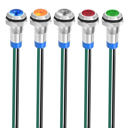 Gebildet 5 Stück 8mm 3V-4.5V-5V-6V-7.5V-9V LED Metall Kontrollleuchte Wasserdichte Signallampe Pilot Dash mit Draht (Rot/Orange/Blau/Grün/Weiß) von Gebildet