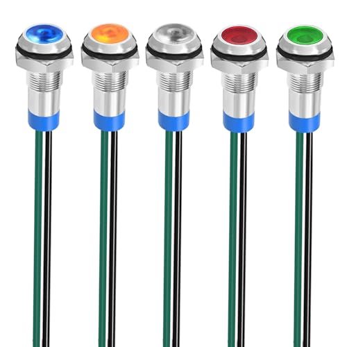 Gebildet 5 Stück 8mm 3V-4.5V-5V-6V-7.5V-9V LED Metall Kontrollleuchte wasserdichte Signallampe Pilot Dash mit Draht (Rot/Orange/Blau/Grün/Weiß) von Gebildet