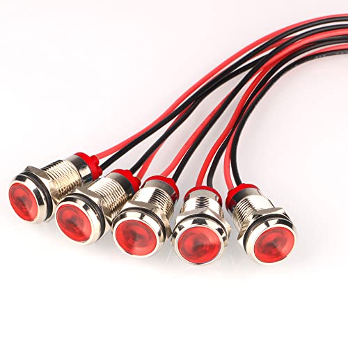 Gebildet 5 Stück Rot 12mm 12/24V DC Blinkende LED Metall Kontrollleuchte wasserdichte Signallampe mit Kabel, Rotes Blinklicht für Warnung und Anzeige von Gebildet