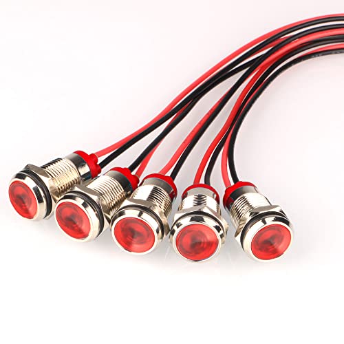 Gebildet 5Stück 82-maliges Blinken/Min Rot 12mm AC/DC 12-24V Blinkende LED Metall Kontrollleuchte Wasserdichte Signallampe mit Kabel, Rotes Blinklicht für Warnung und Anzeige von Gebildet