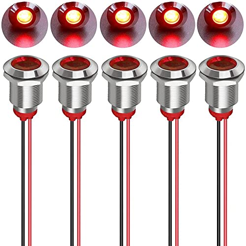 Gebildet 5pcs 12mm AC/DC 12-24V LED Metall Kontrollleuchte Wasserdichte Signallampe Pilot Dash Directional mit Draht(Rot) von Gebildet